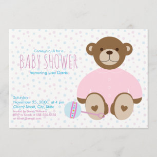 Invitation Ours en peluche habillé en Baby shower rose