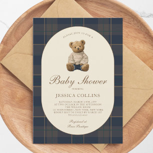 Invitation Ours en peluche marron bleu neutre pour bébé Showe