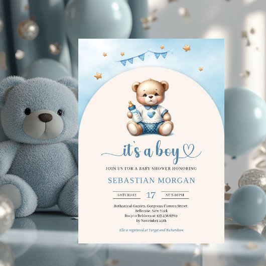 Invitation Ours en peluche mignon avec bouteille garçon arché