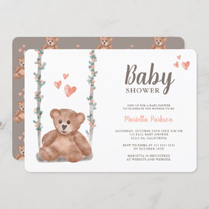 Invitation Ours en peluche mignon baby shower floral aquarell