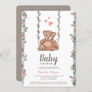 Invitation Ours en peluche mignon baby shower floral aquarell