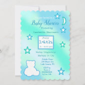 Invitation Ours en peluche mignon, étoiles et lune bleu et ve (Devant)