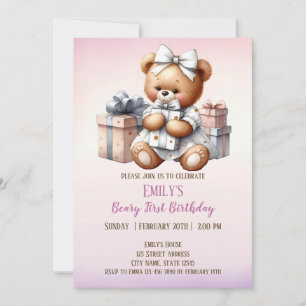 Invitation Ours en peluche mignonne avec ballons et cadeaux