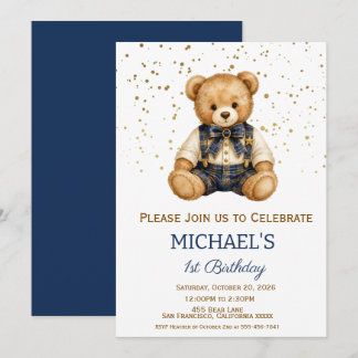 Invitation Ours en peluche Navy à carreaux Garçon Anniversair