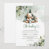 Invitation Ours en peluche neutre genre Boho vert dans tente (Devant / Derrière)
