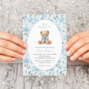 Invitation Ours en peluche, Nœud Bleu, Fleurs Bleues, Baby Sh