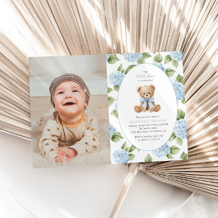 Invitation Ours en peluche, Nœud bleu, Fleurs bleues, Premier