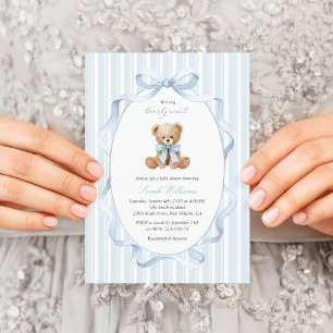 Invitation Ours en peluche, Nœud bleu, Rayures bleues, Baby S