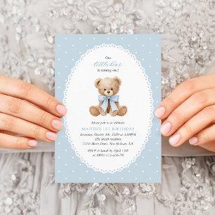 Invitation Ours en peluche, nœud, pois bleus, premier anniver