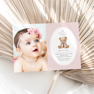 Invitation Ours en peluche, nœud, pois roses, premier anniver