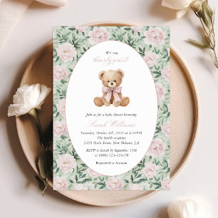 Invitation Ours en peluche, Nœud rose, Fleurs roses, Baby Sho