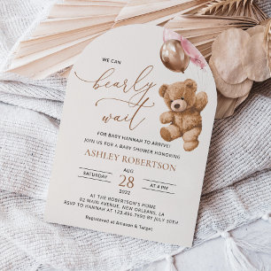 Invitation ours en peluche, ours bébé, ballons roses, Baby sh
