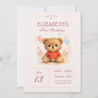 Invitation Ours en peluche Premier Anniversaire Floral Corail