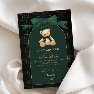 Invitation Ours en peluche préppy vintage vert carreaux bébé