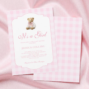 Invitation Ours en peluche rose à carreaux C'est une fille Ba