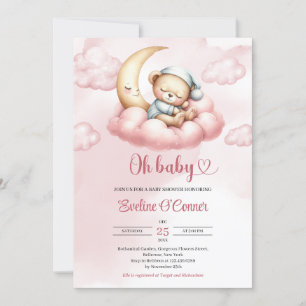 Invitation Ours en peluche rose aquarelle dormant sur la lune
