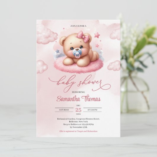 Invitation Ours en peluche rose Aquarelle mignon avec pacifie (Debout devant)