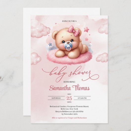 Invitation Ours en peluche rose Aquarelle mignon avec pacifie (Devant / Derrière)