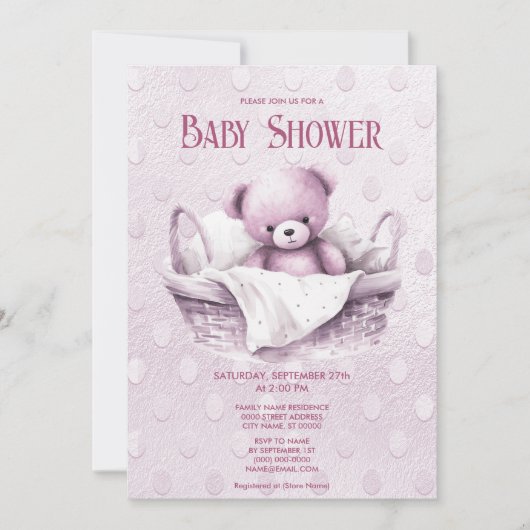 Invitation Ours en peluche rose dans le panier Baby shower In (Devant)