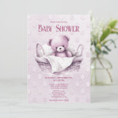 Invitation Ours en peluche rose dans le panier Baby shower In (Debout devant)