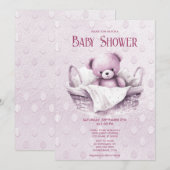Invitation Ours en peluche rose dans le panier Baby shower In (Devant / Derrière)