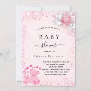 Invitation Ours en peluche rose fille parties scintillant fle