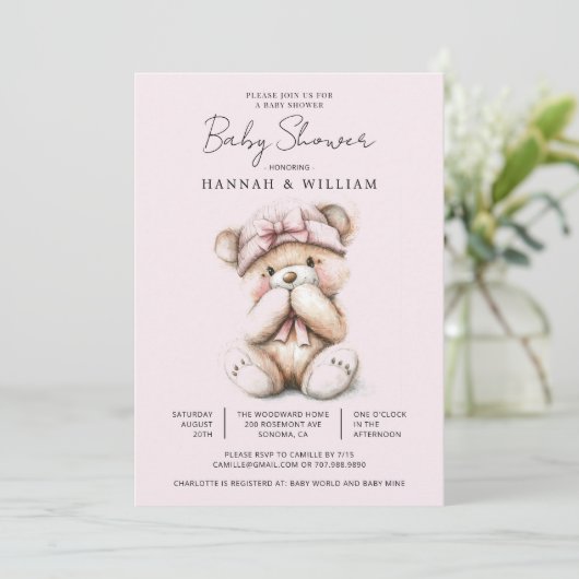 Invitation Ours en peluche rose mignon Fille Baby Shower (Debout devant)