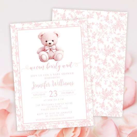 Invitation Ours en peluche rose motif floral bébé douche fill