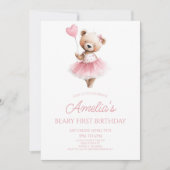 Invitation Ours en peluche rose premier anniversaire (Devant)