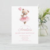 Invitation Ours en peluche rose premier anniversaire (Debout devant)