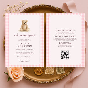 Invitation Ours en peluche tout-en-un Baby Shower Rose Gingha