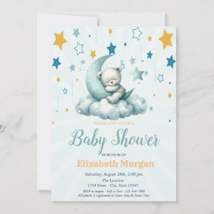Invitation Ours en peluche vert, Baby shower en nuage étoilé