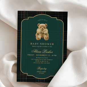 Invitation Ours en peluche vintage vert foncé doré pour baby
