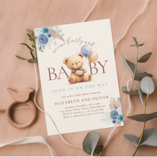 Invitation Ours En Teddy Avec Baby shower Rose Bleu Boho Ball