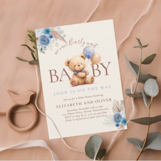 Invitation Ours En Teddy Avec Baby shower Rose Bleu Boho Ball