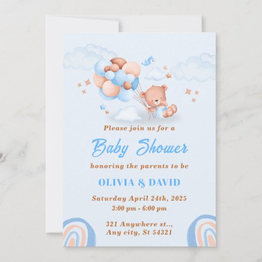 Invitation Ours En Teddy, Ballons Bleu Et Baby shower Brown (Devant)
