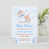 Invitation Ours En Teddy, Ballons Bleu Et Baby shower Brown (Debout devant)