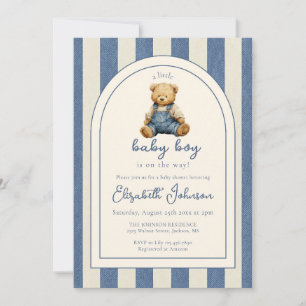 Invitation Ours en Teddy Jean Bleu Code QR Garçon Baby Shower