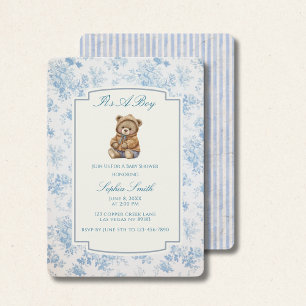 Invitation Ours en Teddy vintage, Toile Bleu Floral