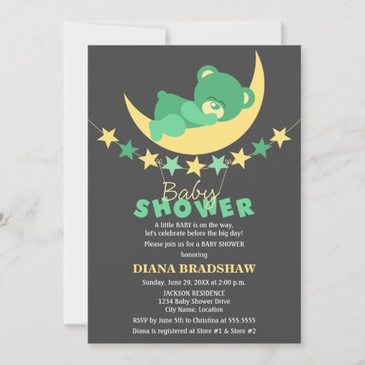 Invitation Ours En Tourbe Vert Couché Sur Le Baby shower Lune (Devant)