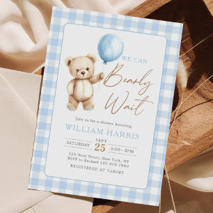 Invitation Ours en Vichy Bleu Ballon Garçon Baby Shower