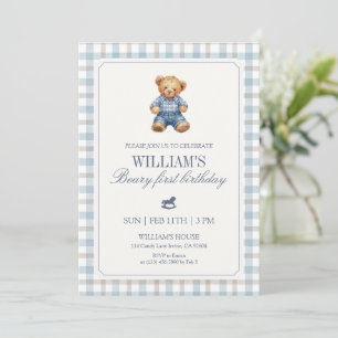 Invitation Ours en Vichy Bleu Beary Premier Anniversaire Garç