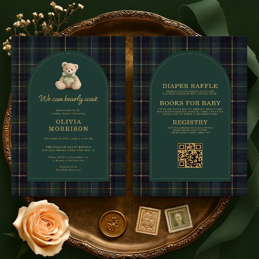 Invitation Ours en Vichy Tout Compris Vert Baby Shower