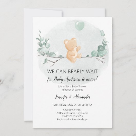 Invitation Ours et baby shower à l'eucalyptus (Devant)