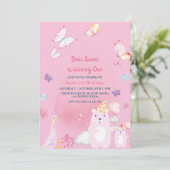 Invitation Ours et canard en peluche rose 1er anniversaire bé (Debout devant)