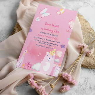 Invitation Ours et canard en peluche rose 1er anniversaire bé