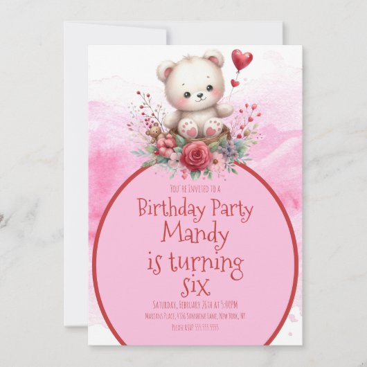 Invitation Ours Floral Aquarelle Rouge Anniversaire (Devant)