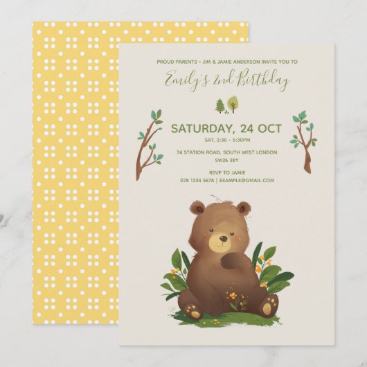 Invitation Ours ・ Forêt de bois Animaux Anniversaire Russe (Devant / Derrière)