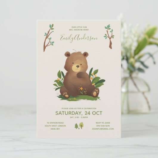 Invitation Ours ・ Forêt de forêt Baby shower rustique des ani (Debout devant)