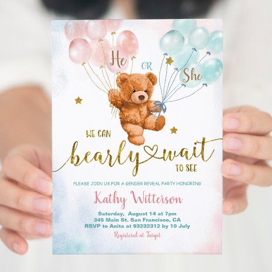 Invitation Ours Genre Révéler rose et bleu Baby shower Invit
